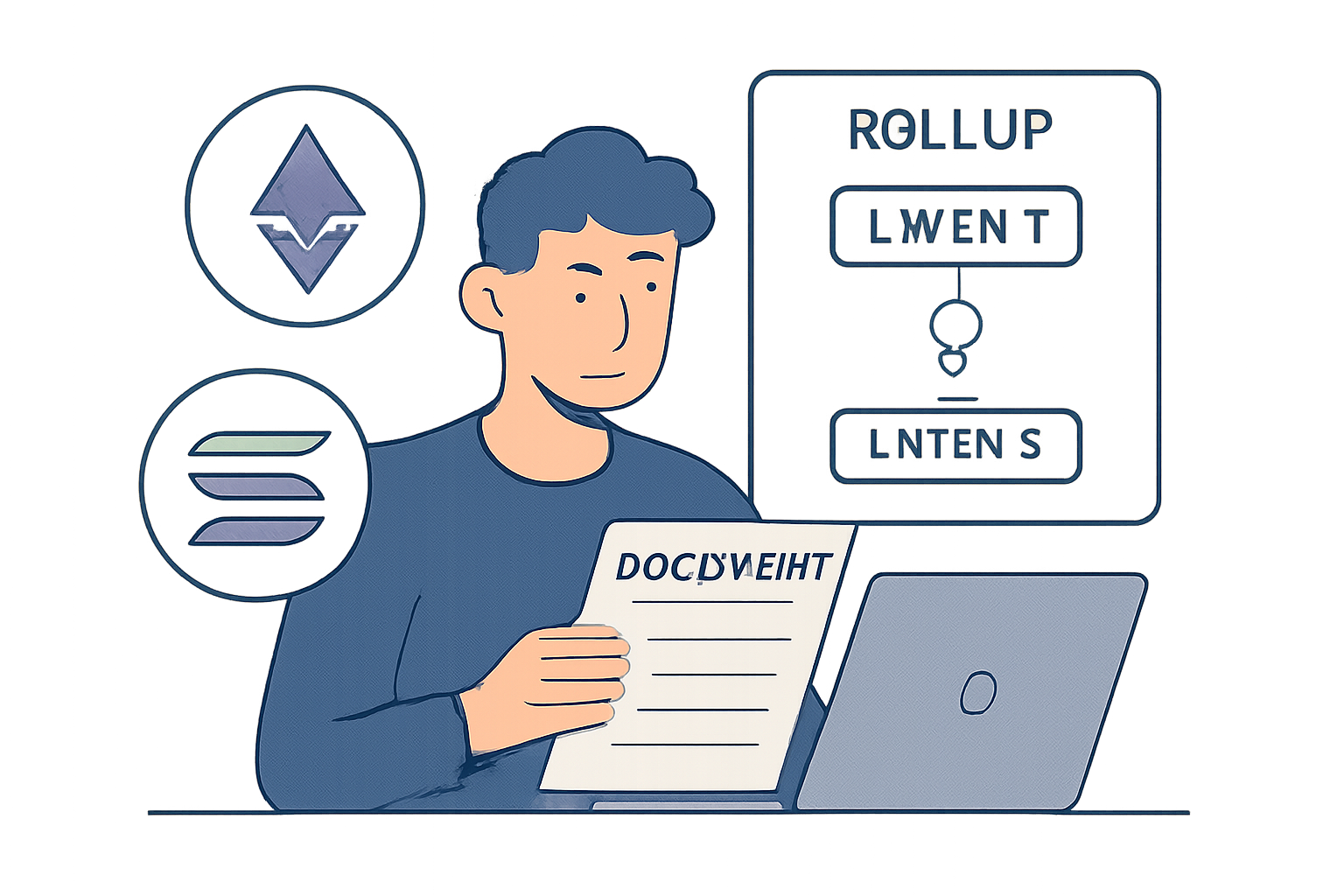 A developer reading documentation on a laptop, with Ethereum and Solana logos floating above, and a rollup diagram in the background.