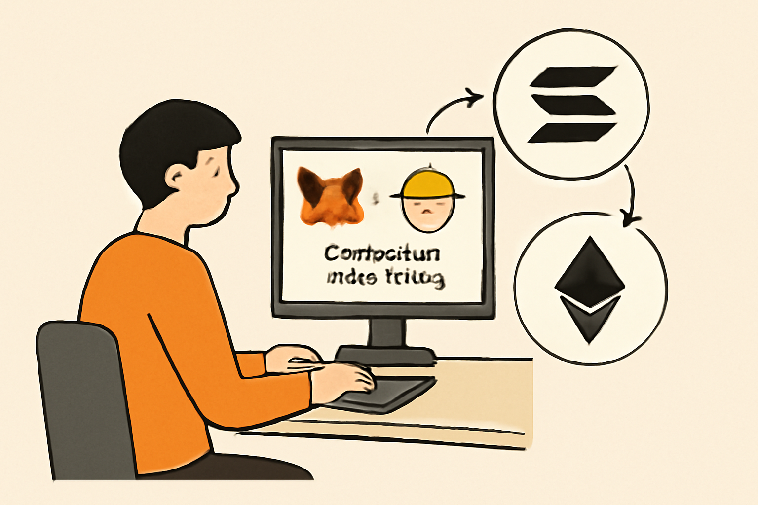 A developer connecting MetaMask and Hardhat to a new chain, with Solana and Ethereum logos linked by arrows.