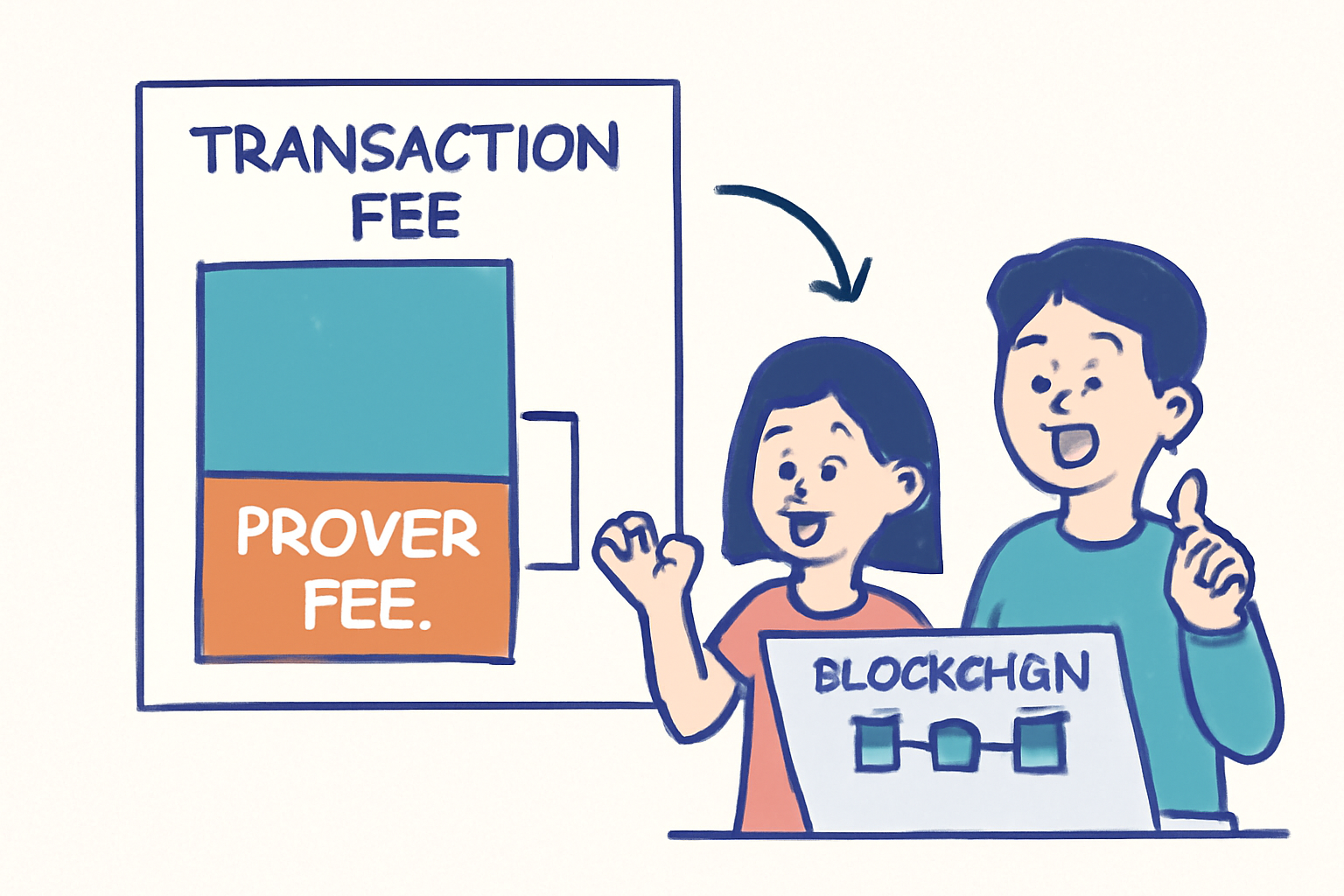 A transaction fee breakdown showing a portion allocated to 'prover fee,' with users happily interacting with a blockchain interface.