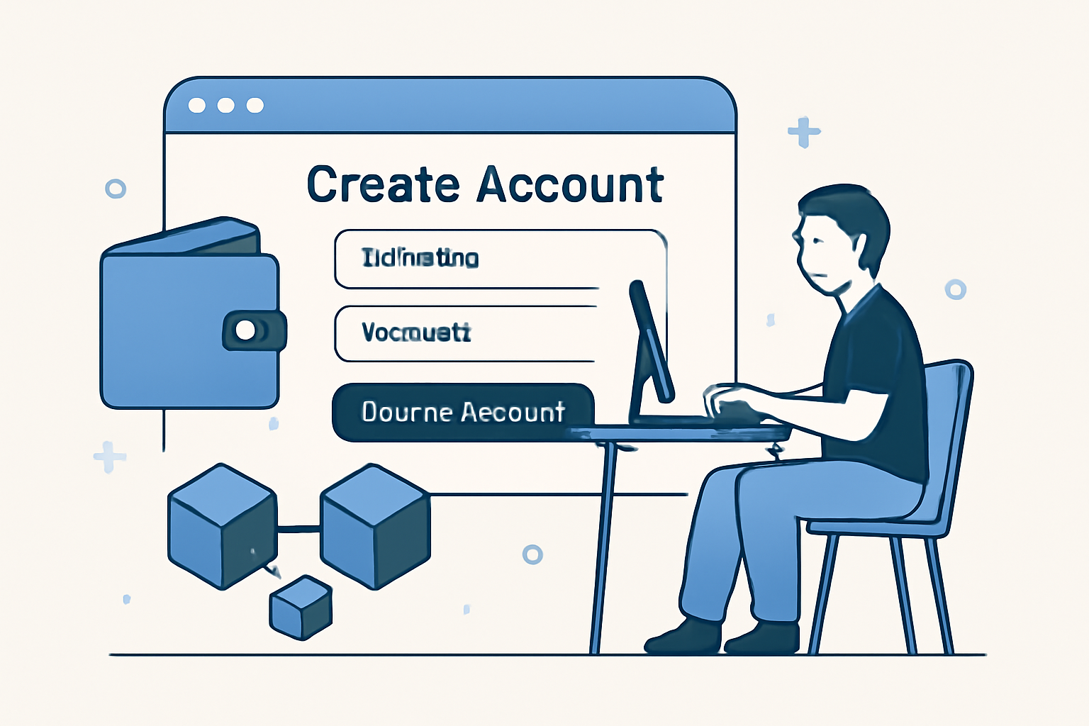 A user creating an account on a modern web dashboard, with a wallet icon and blockchain symbols.