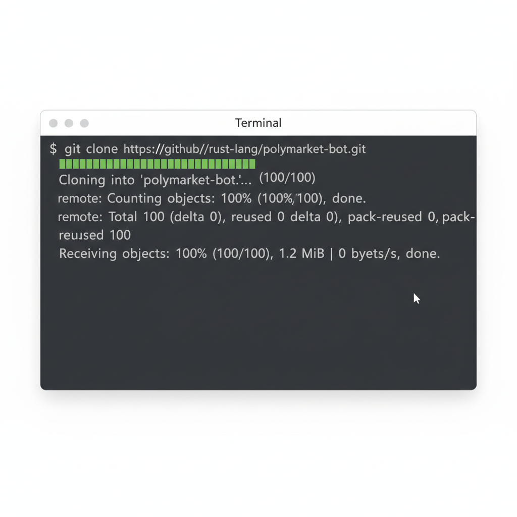 terminal window cloning git repo rust polymarket bot clean dark theme