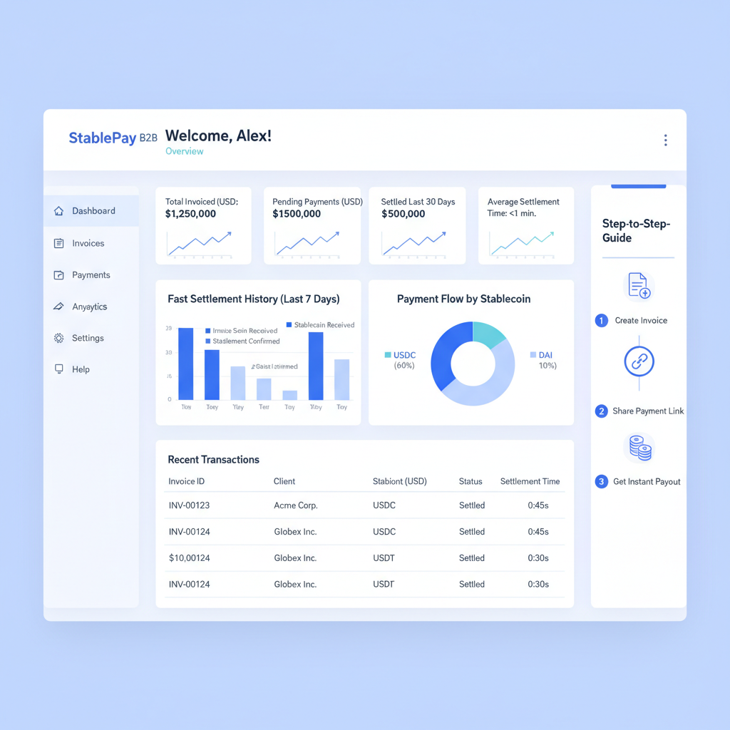 professional dashboard of stablecoin invoicing platform like StableInvoiceB2B, clean UI, charts showing fast settlements, blue tones