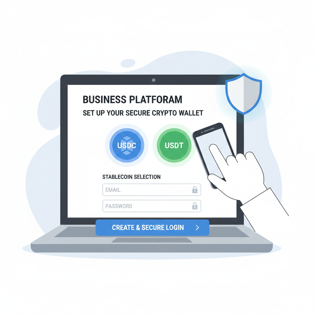 user setting up crypto wallet on business platform, secure login screen, icons of stablecoins USDC USDT, modern interface