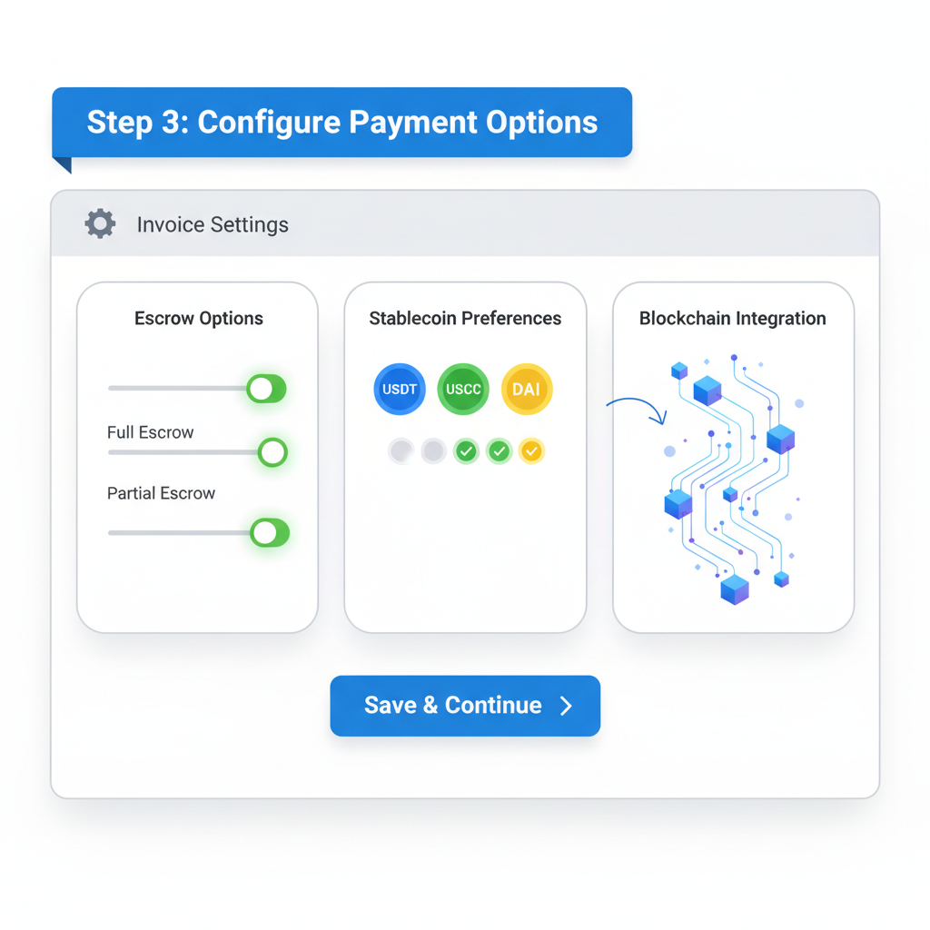 configuring invoice settings on B2B platform, escrow options sliders, stablecoin icons, transparent blockchain visualization