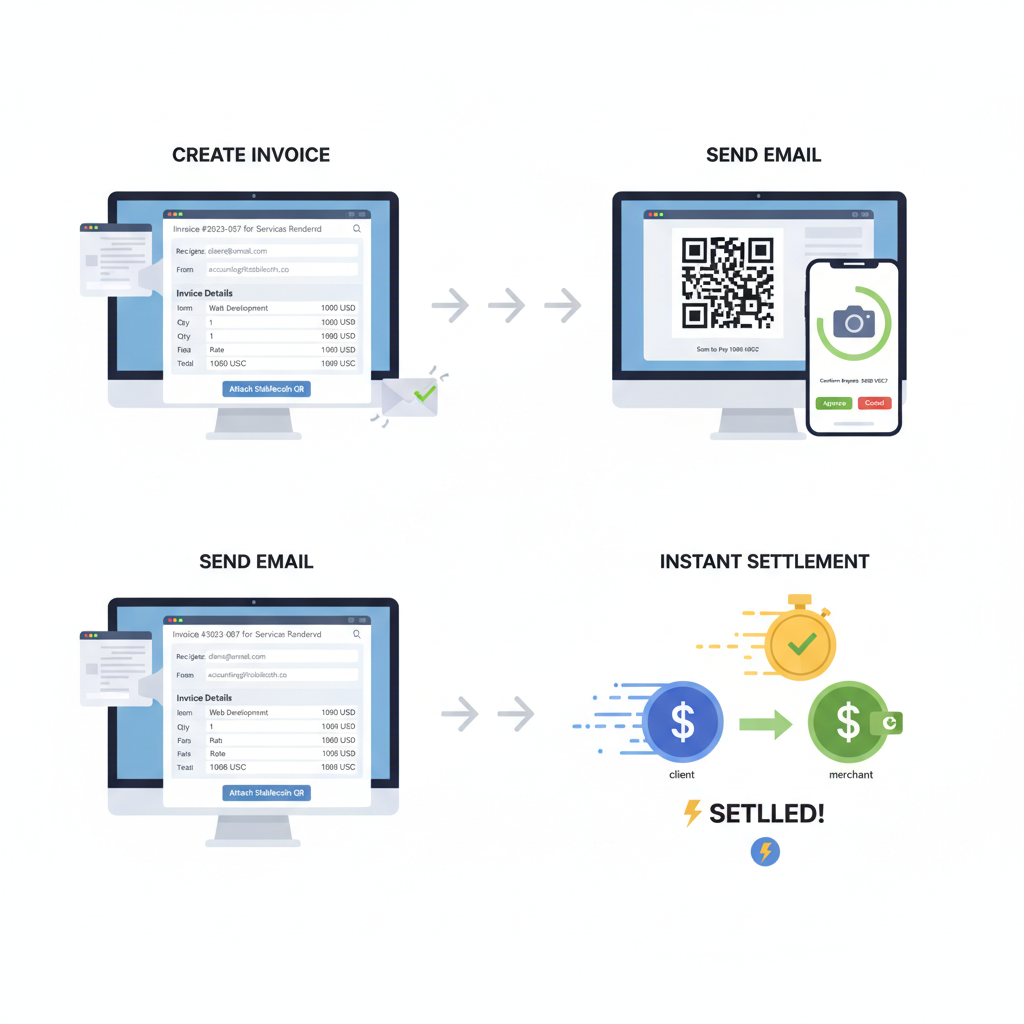 creating and sending digital stablecoin invoice, professional email interface, QR code for payment, fast settlement animation