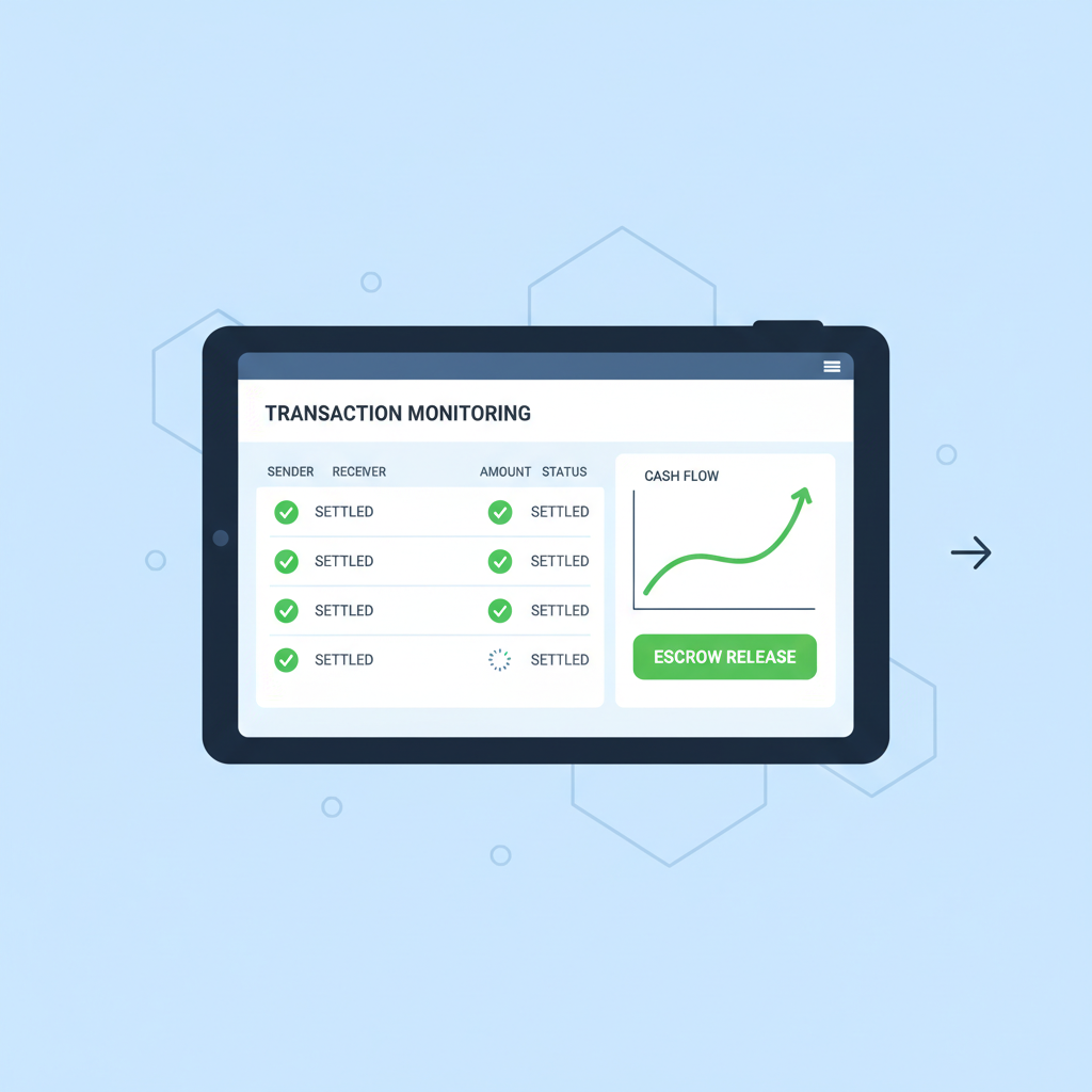 monitoring blockchain transaction dashboard, green checkmarks for settlement, cash flow graphs improving, escrow release button