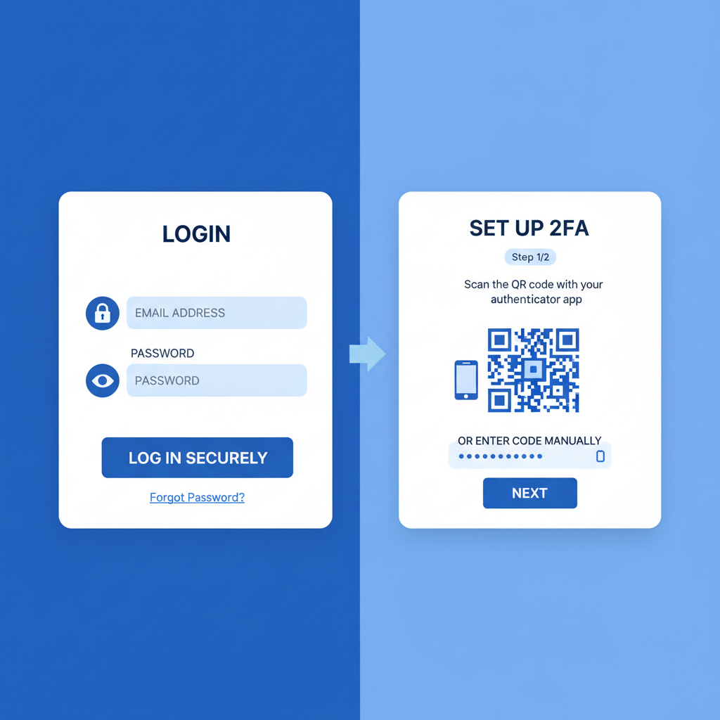 secure crypto exchange login screen with 2FA setup, clean app interface, blue tones