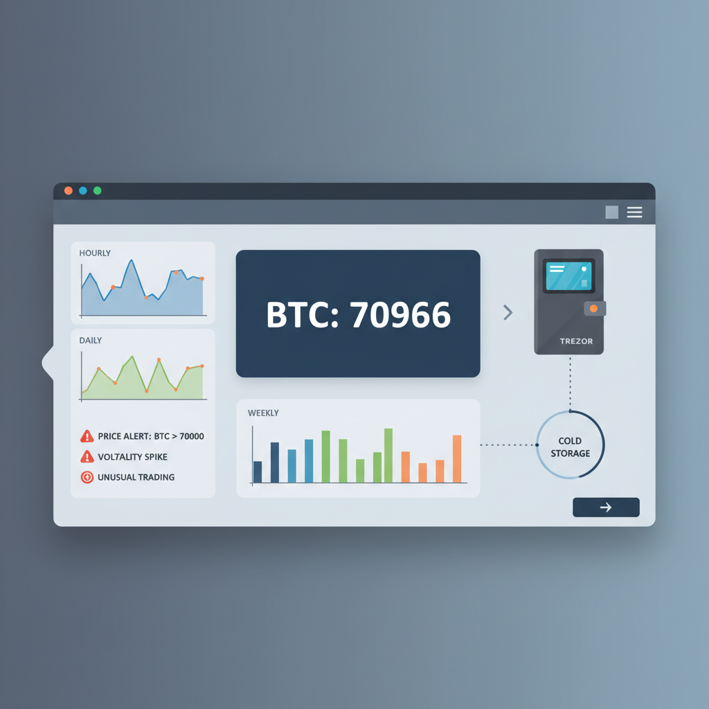 price monitoring dashboard with BTC at 70966, charts and alerts, hardware wallet