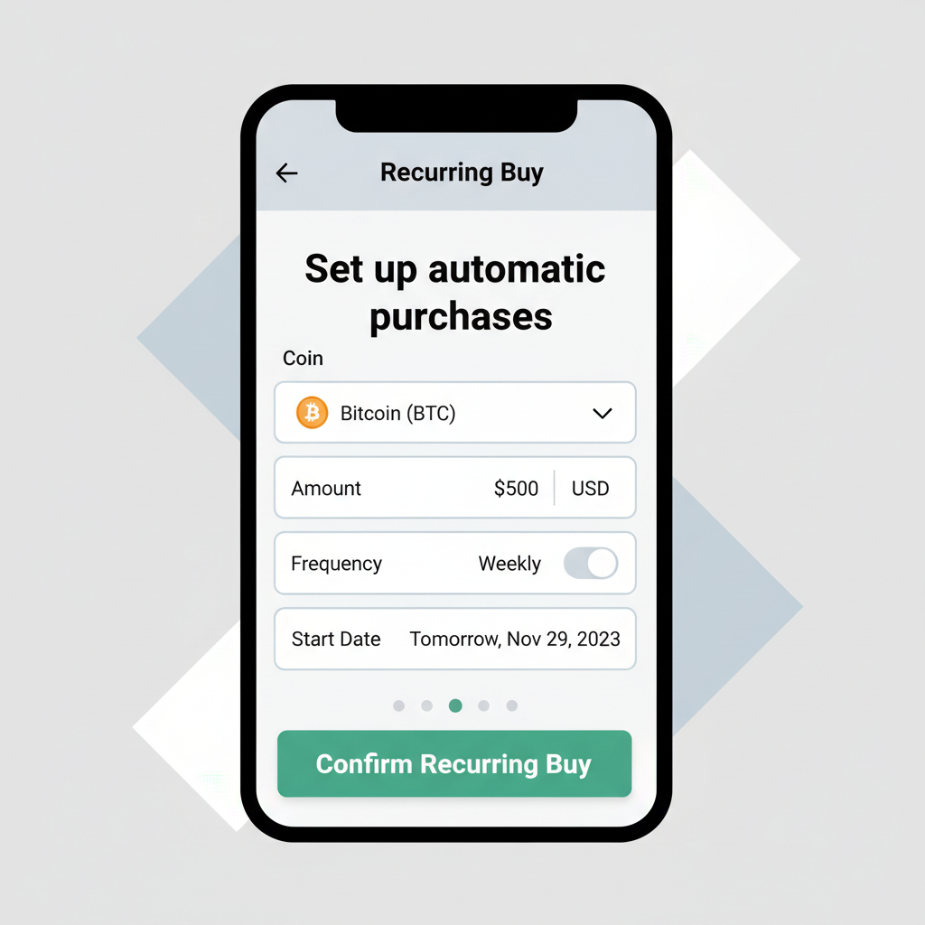 crypto exchange app showing recurring buy menu, simple UI, green buy button