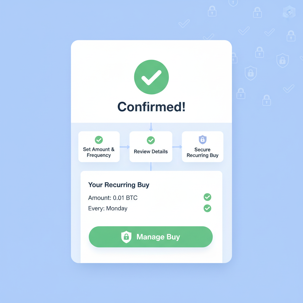 confirmation screen for recurring BTC buy, checkmarks and secure icons