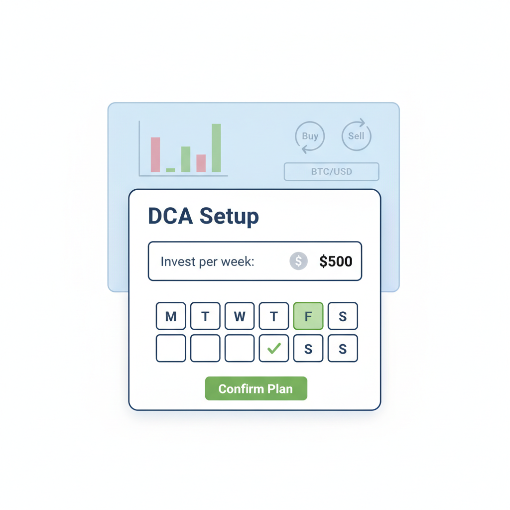 DCA setup form with dollar amount and weekly calendar, exchange interface