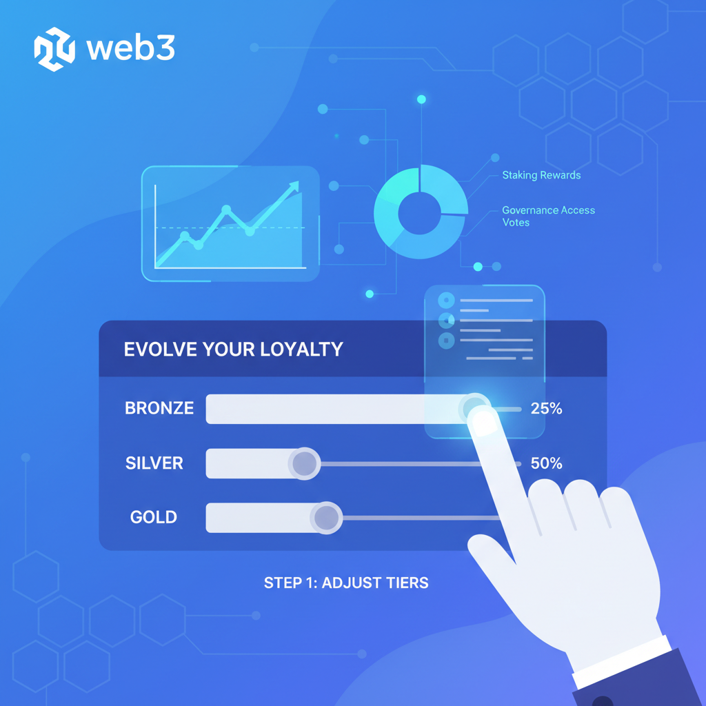 hand adjusting sliders on loyalty tier chart with analytics overlays, web3 evolution theme
