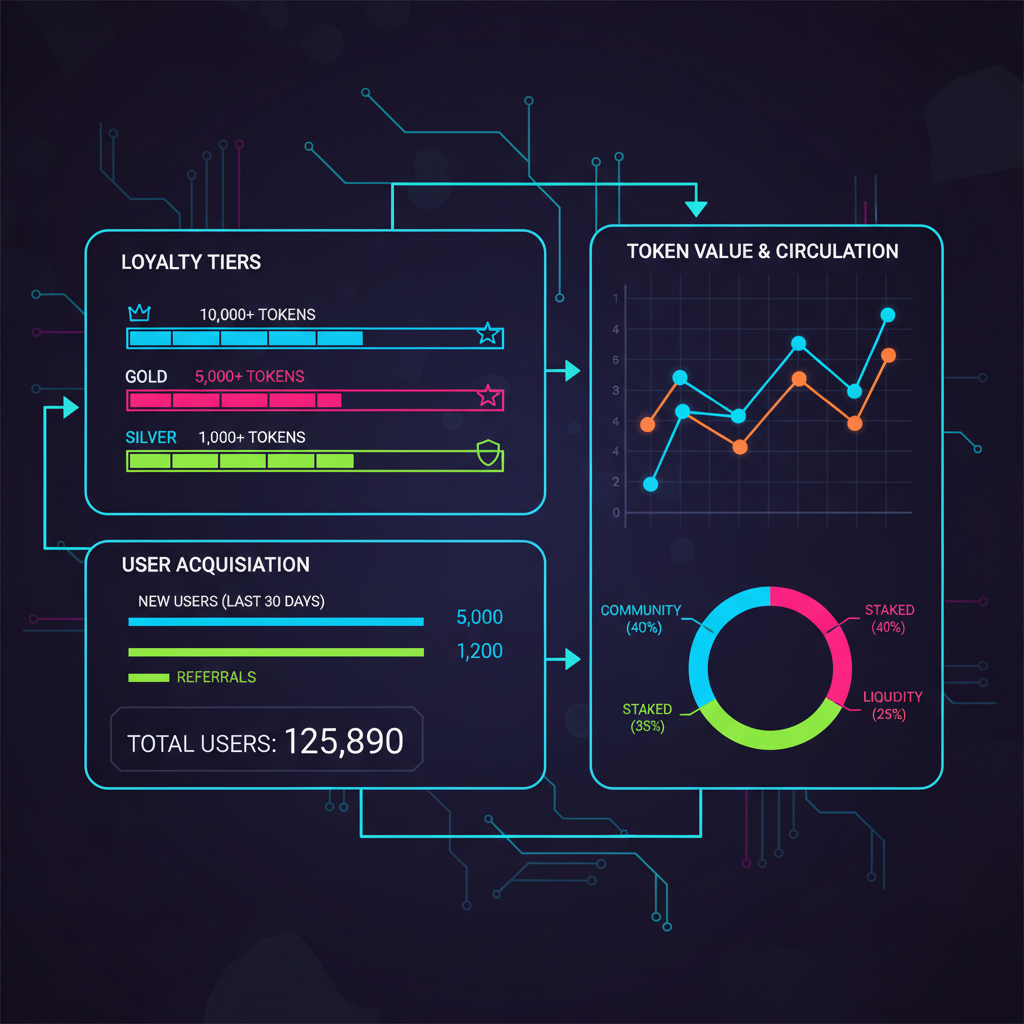 web3 analytics dashboard showing tiered loyalty metrics and token graphs, neon cyberpunk style