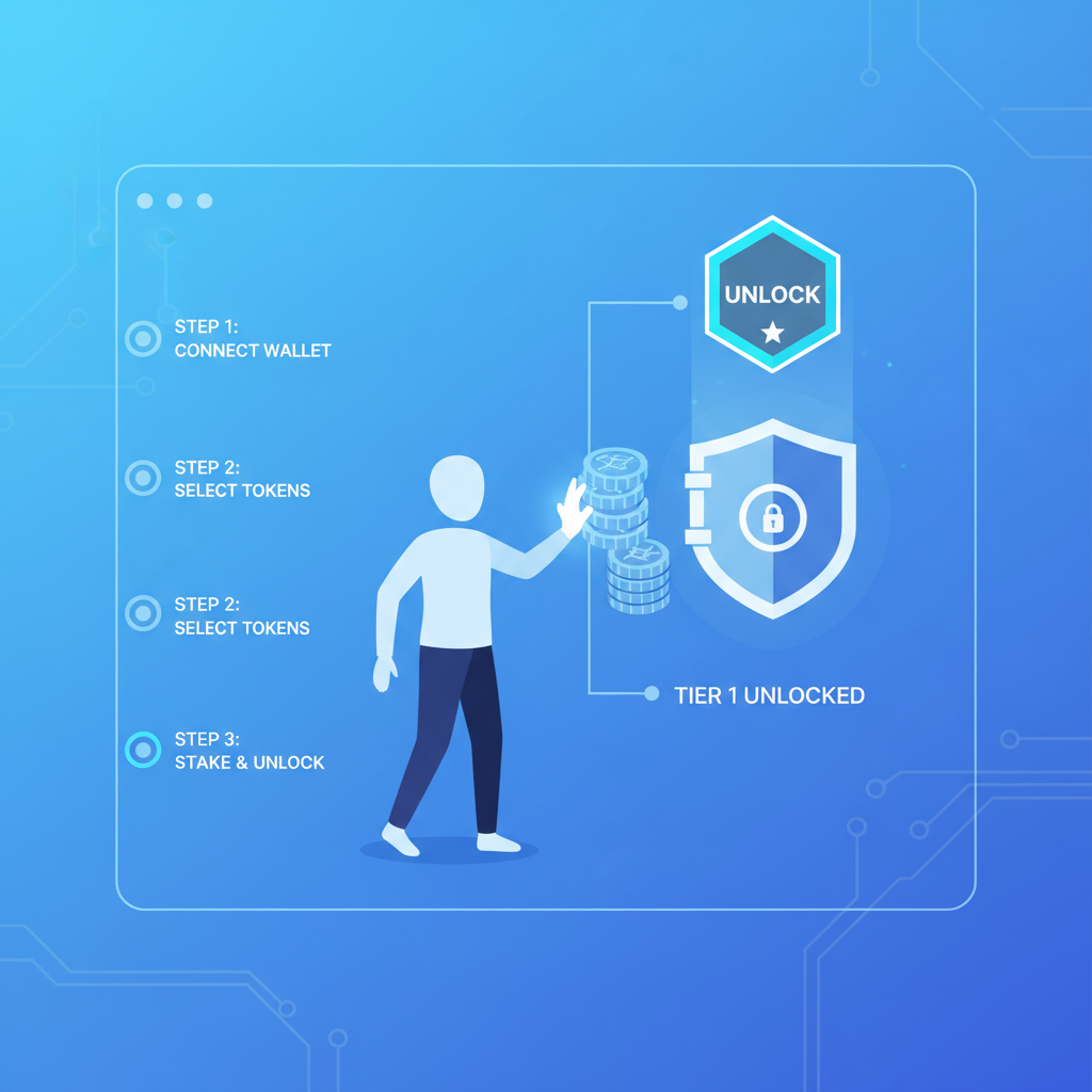 user staking tokens into a secure vault unlocking tier badge, futuristic web3 interface, blue tones