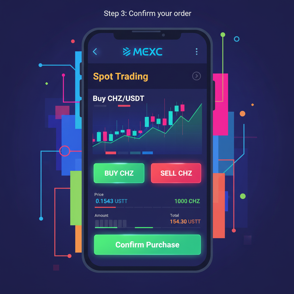vibrant screenshot of buying CHZ on MEXC exchange app, energetic crypto trading interface, neon lights