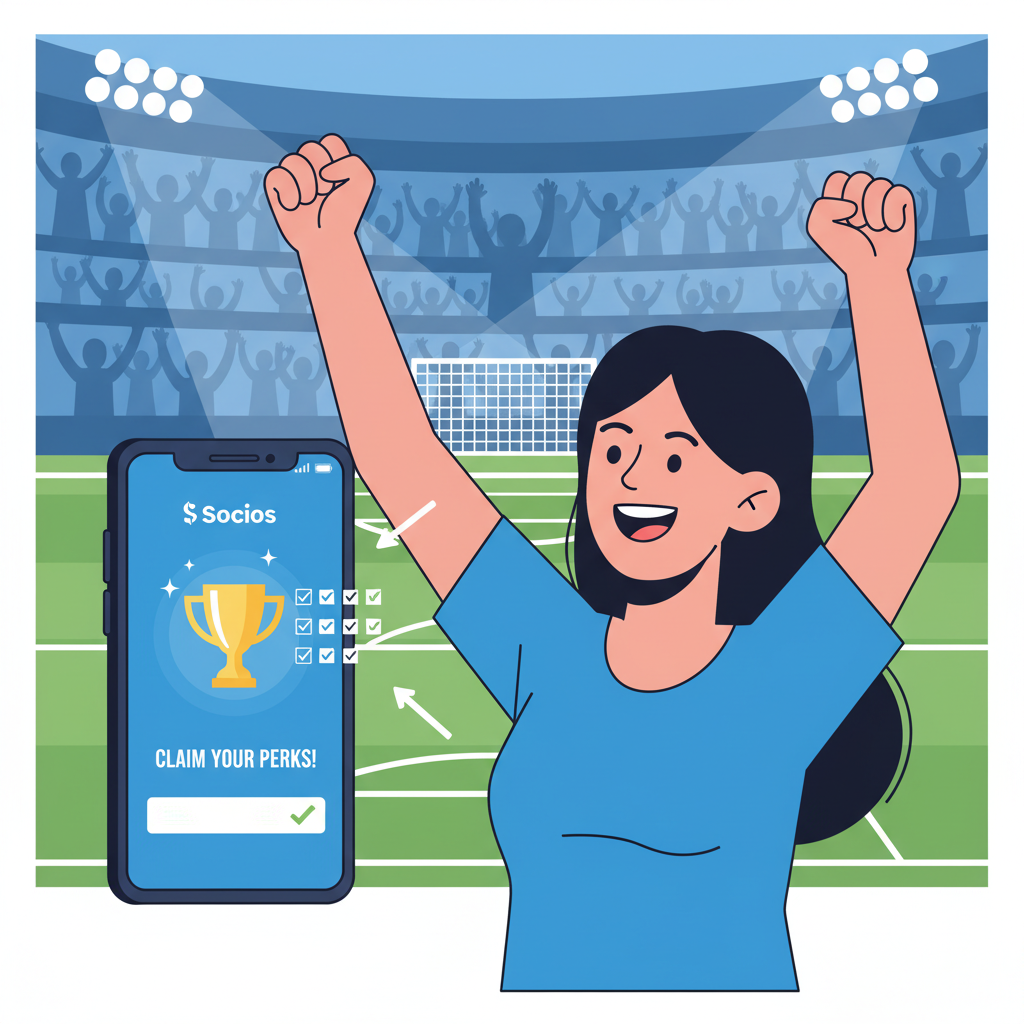 excited soccer fan claiming perks in Socios app, trophy and voting icons, stadium crowd cheering