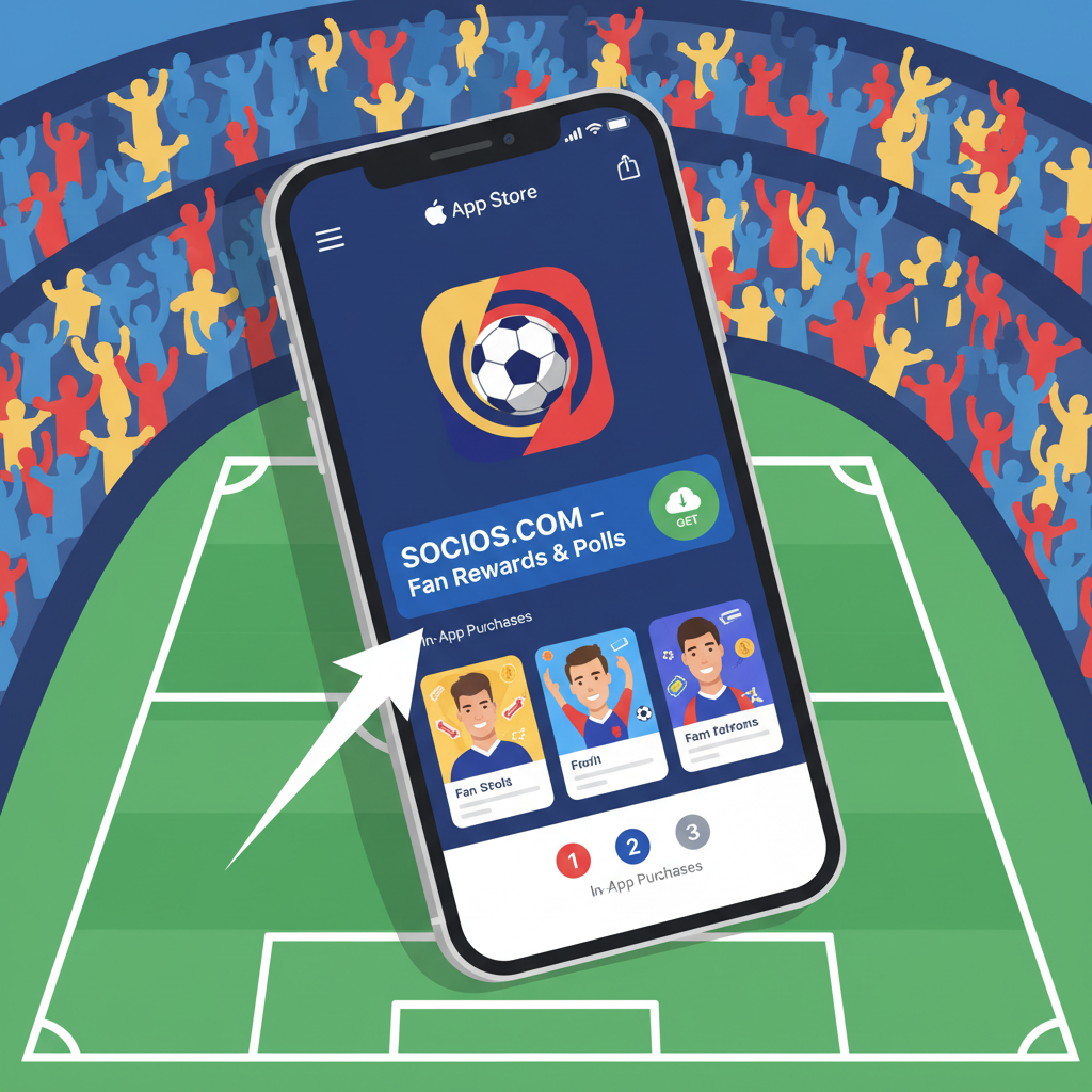 smartphone screen showing Socios app download from app store, soccer fan theme, dynamic and colorful