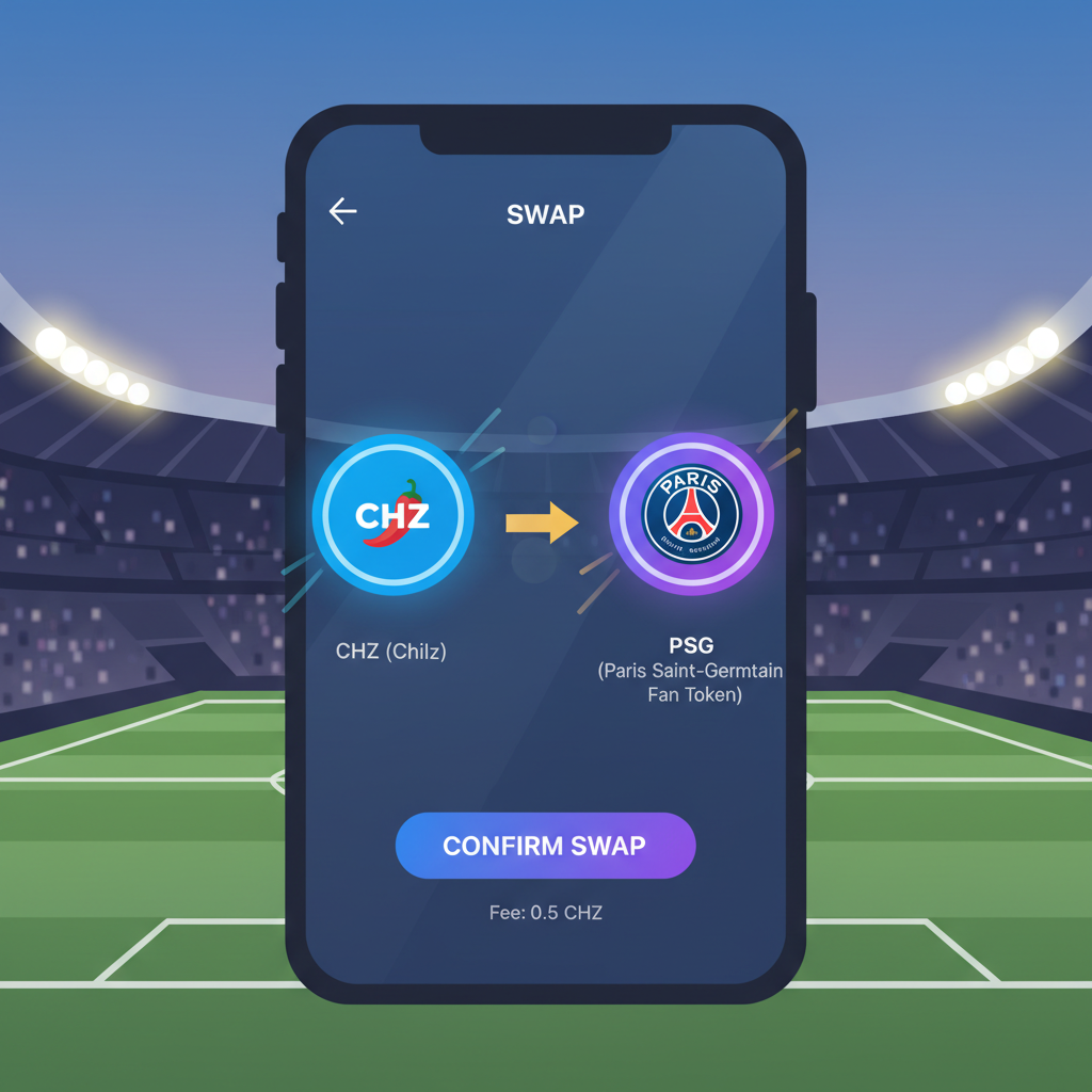 Socios app interface swapping CHZ to PSG fan token, soccer stadium background, glowing tokens exchange