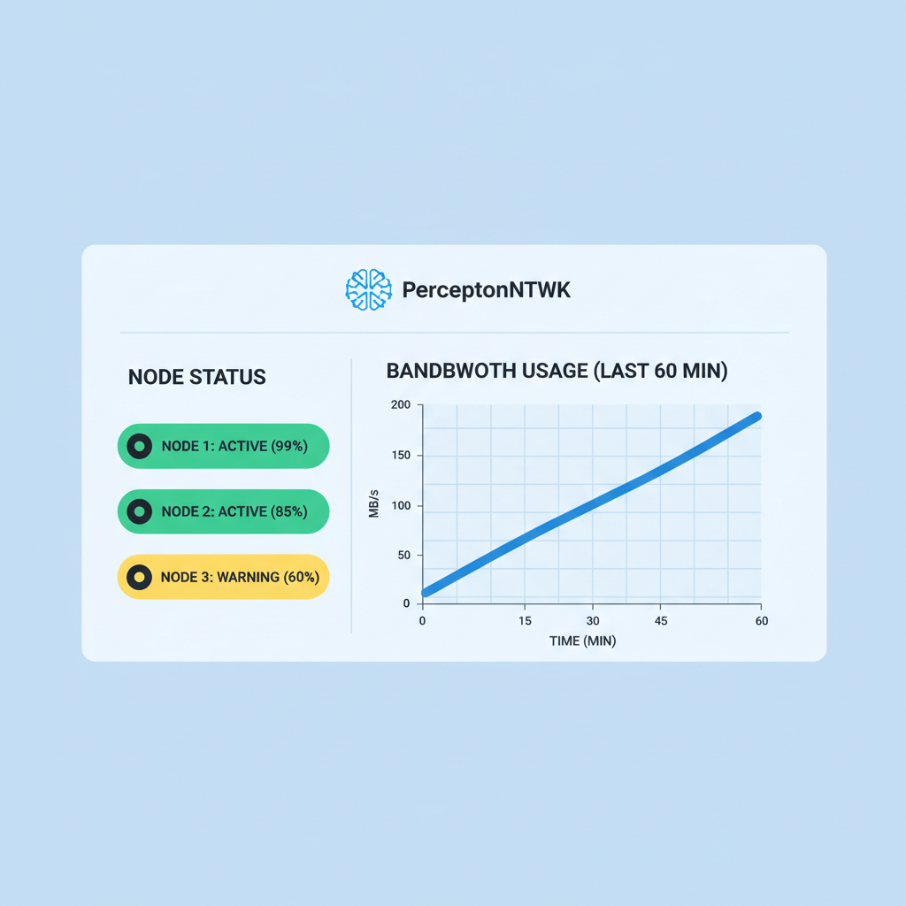 PerceptronNTWK dashboard showing active node status and bandwidth usage graph