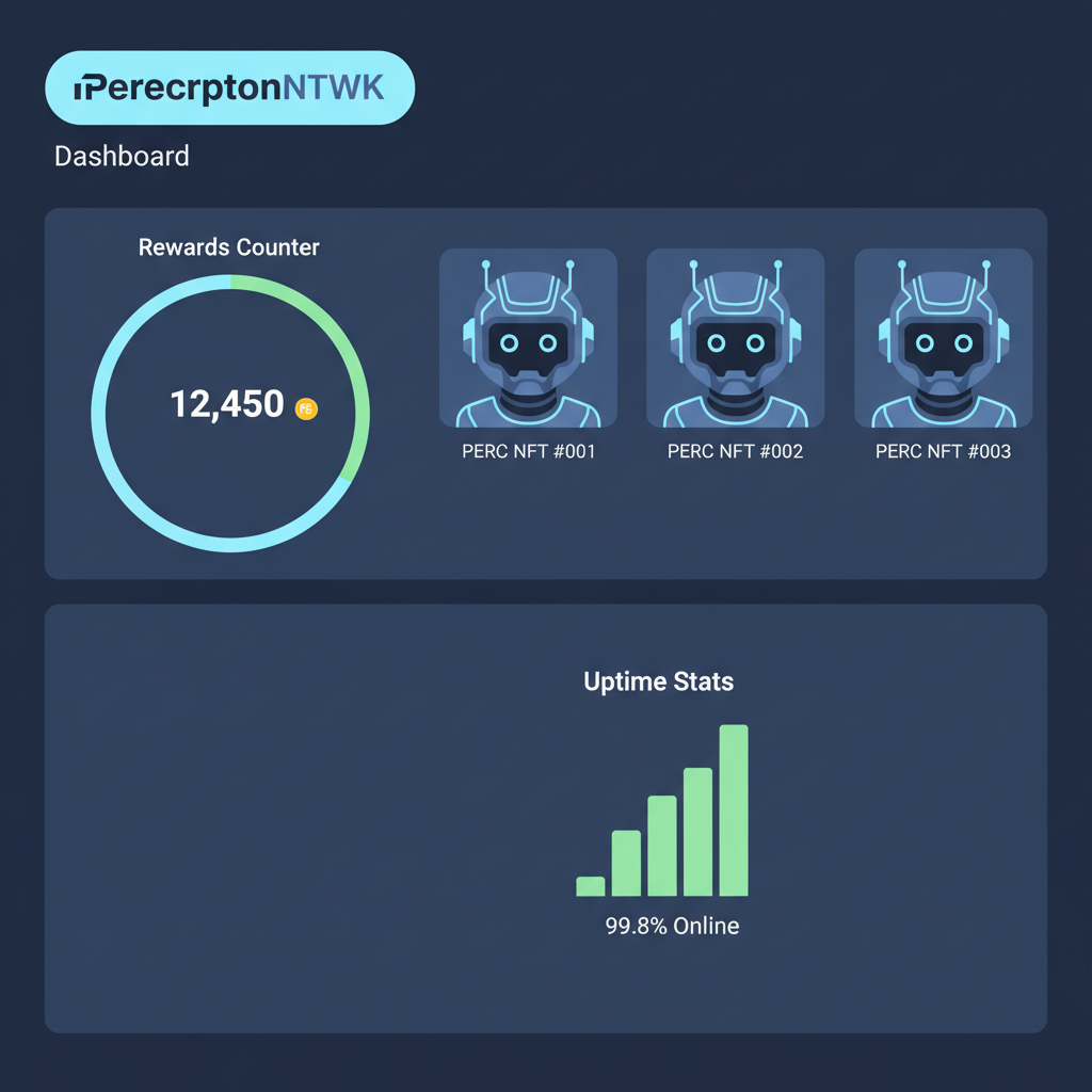 PerceptronNTWK dashboard with rewards counter, PERC NFTs, and uptime stats