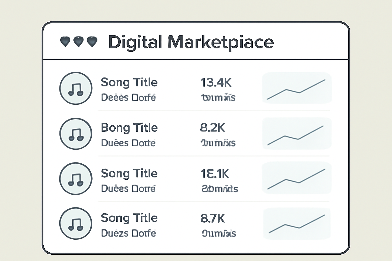 A digital marketplace interface displaying music tracks, artist names, streaming stats, and potential earnings charts.