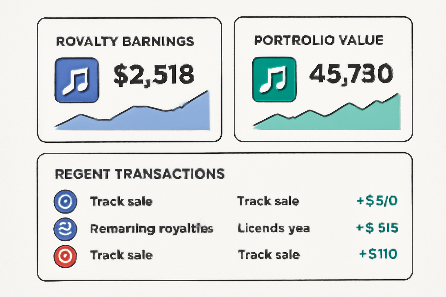 A dashboard displaying royalty earnings, portfolio value, and recent transactions, with graphs and music icons.