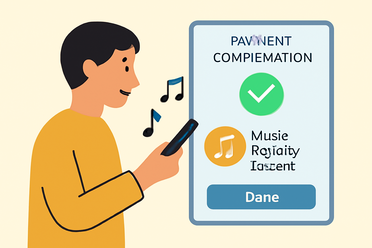 A user confirming a purchase of music royalty tokens on a digital platform, with a payment confirmation screen and music notes.