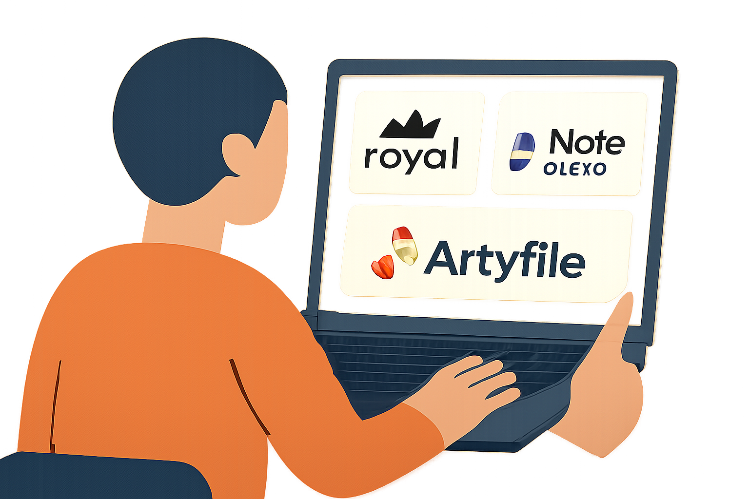 A person comparing music royalty investment platforms on a laptop, with logos of Royal, ANote Music, and Artyfile visible, modern and clean style.