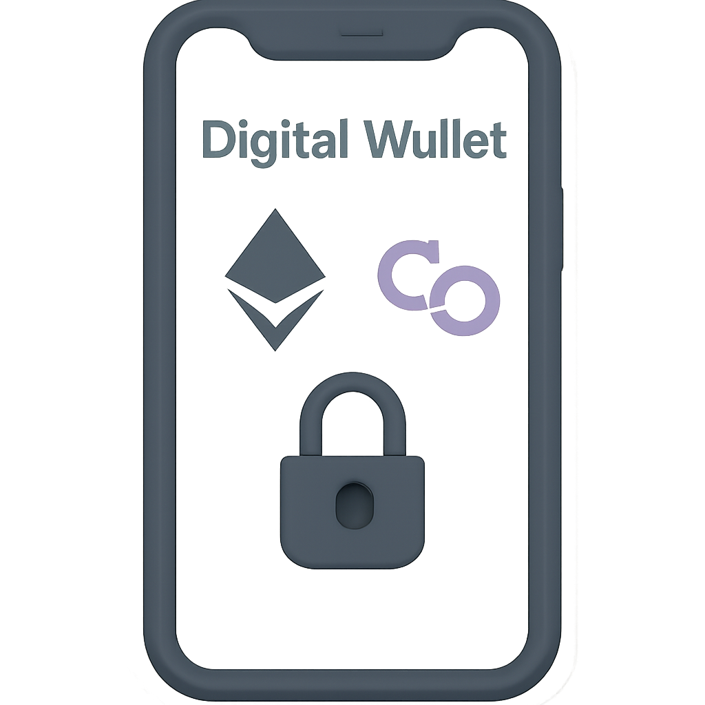A digital wallet app open on a smartphone, showing Ethereum and Polygon logos, with a secure lock symbol.