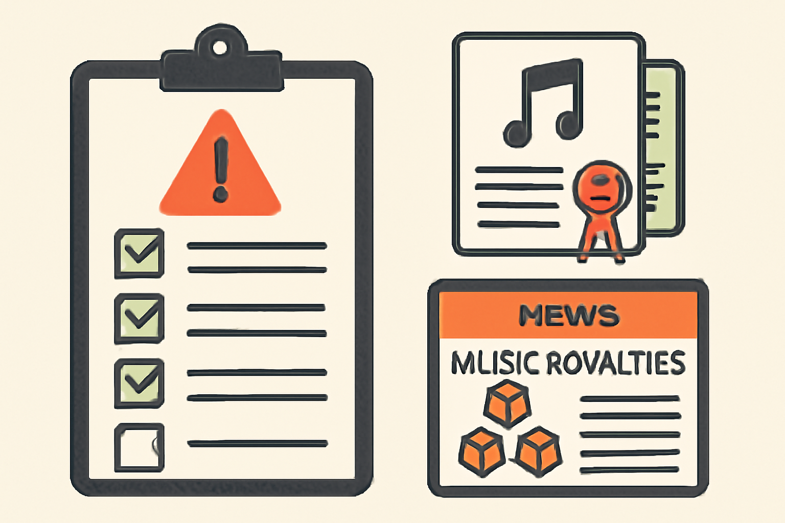 A checklist with warning signs, legal documents, and a news feed about music royalties and blockchain.