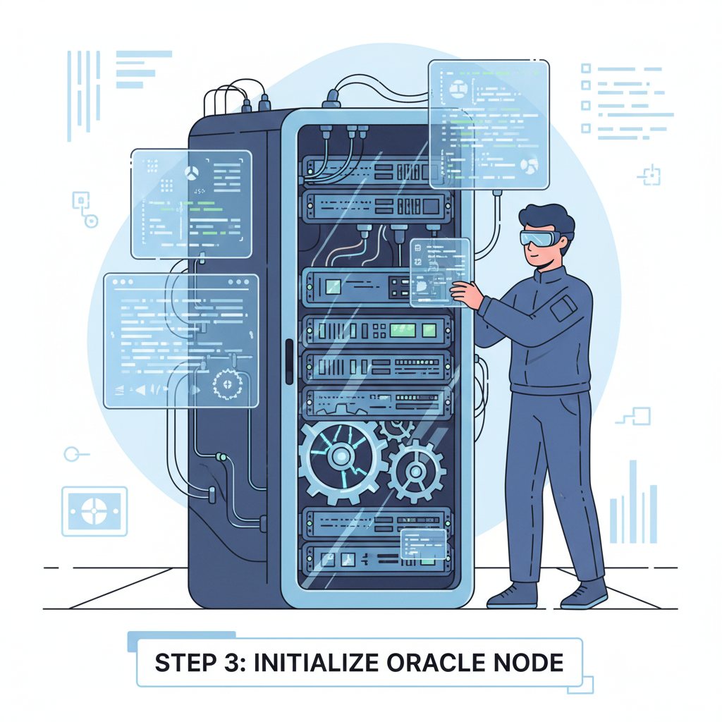 configuring high-tech oracle node server rack, code screens and gears turning, sci-fi engineering vibe