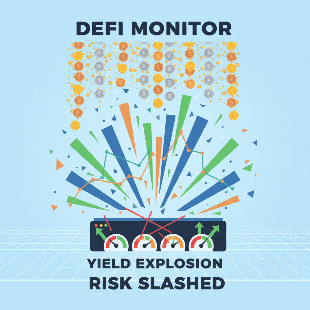 dashboard exploding with yield charts, reward coins raining, slashing risk gauges in red-green, dynamic DeFi monitor