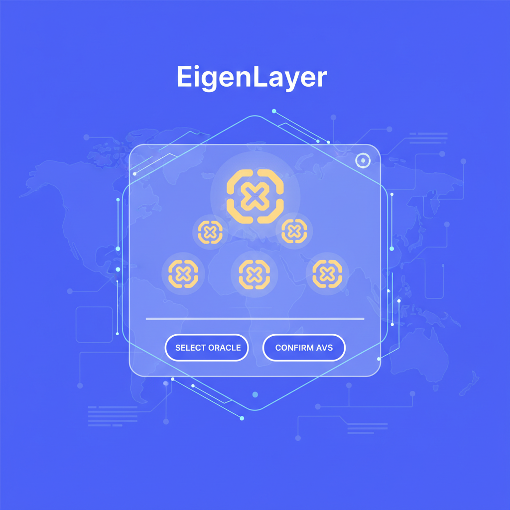 targeting futuristic oracle AVS on EigenLayer map, Chainlink symbols glowing, high-tech selection screen