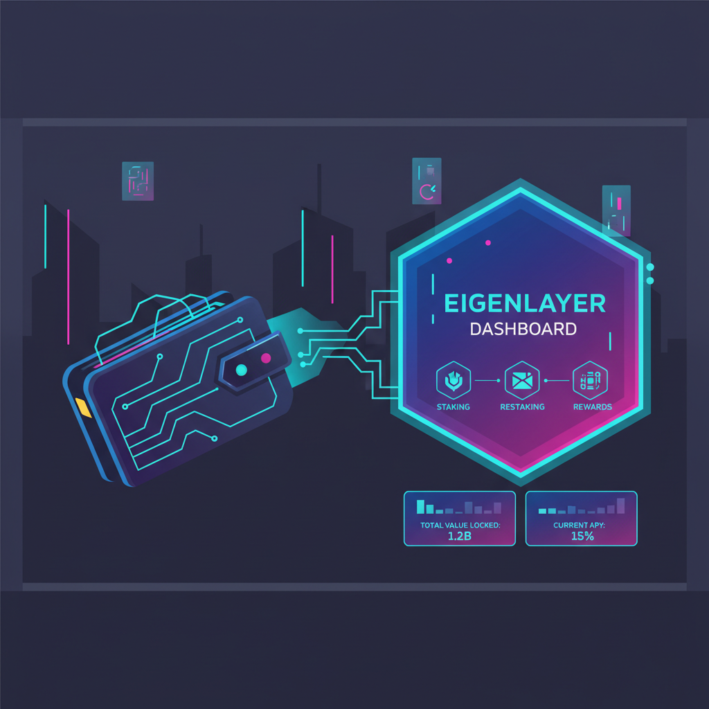 cyberpunk wallet connecting to glowing EigenLayer dashboard, neon blues and purples, futuristic DeFi interface