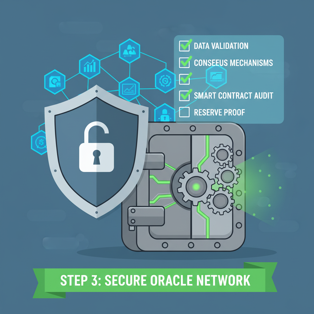 shield locking down DeFi oracle network, safety checklists glowing green, explosive secure vault
