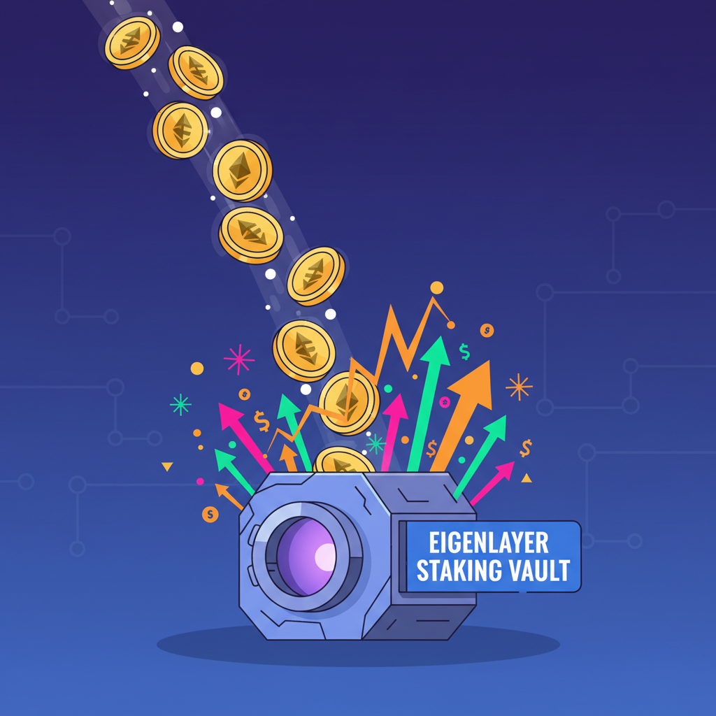 stack of golden ETH coins pouring into EigenLayer staking vault, explosive yield graphs rising, vibrant crypto art
