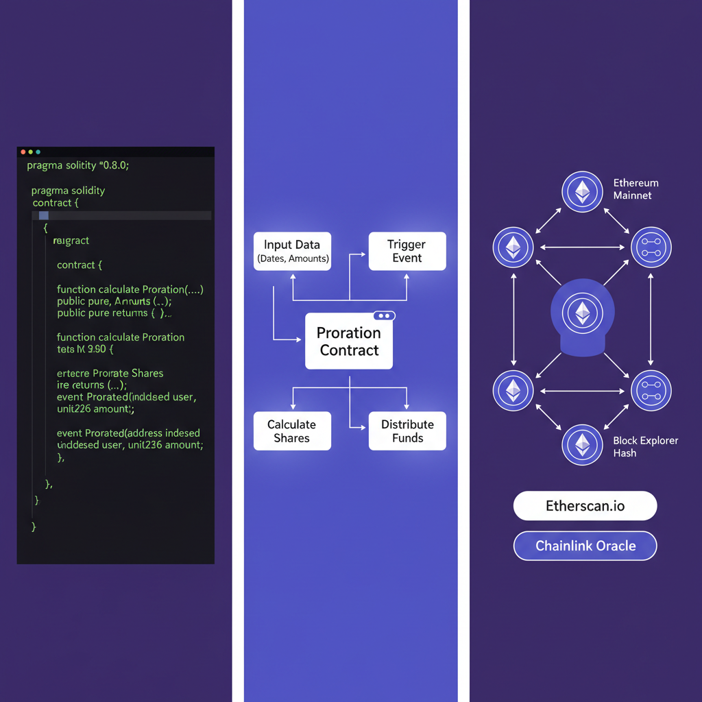 Solidity code editor with proration contract, smart contract diagram, Ethereum blockchain links, neon green code
