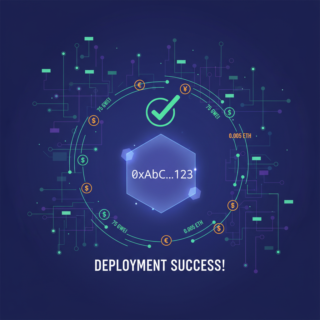 Ethereum mainnet deployment success, contract address glowing, gas fees animating, epic blockchain vista