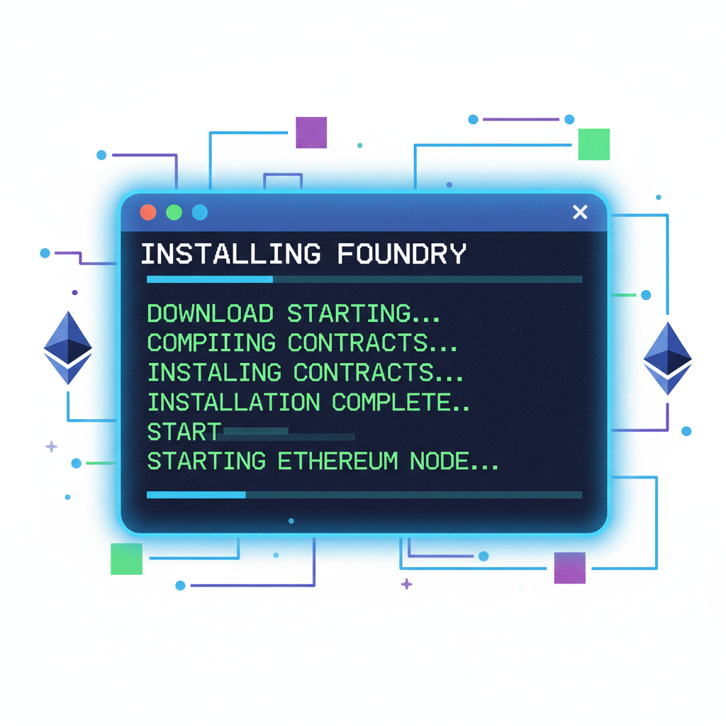 Terminal window installing Foundry, code lines scrolling, Ethereum nodes in background, cyberpunk style