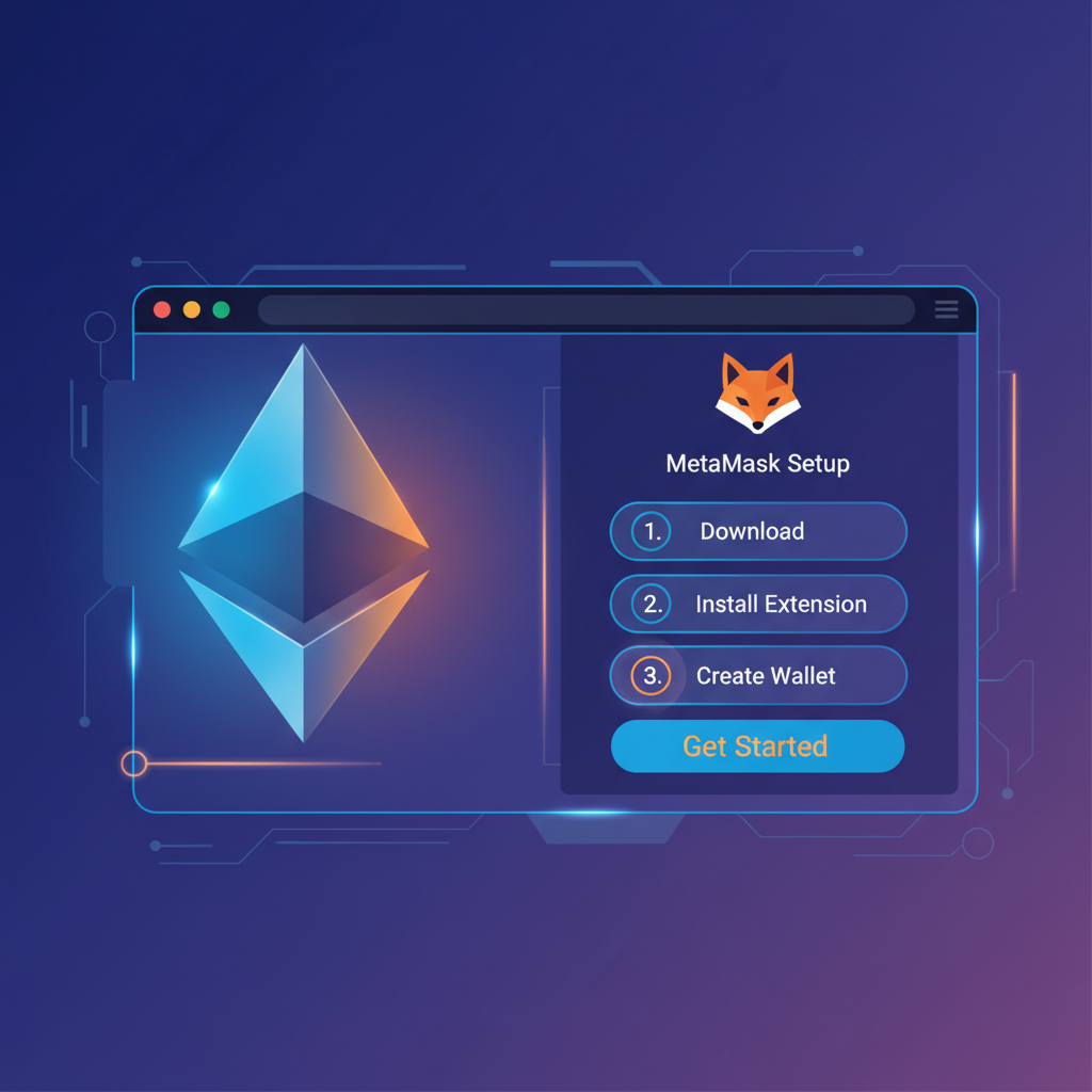 MetaMask wallet setup on desktop, Ethereum logo glowing, futuristic UI, vibrant blues and oranges