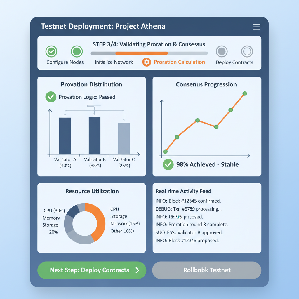 Blockchain testnet deployment screen, graphs showing proration calculations, success checkmarks, dynamic charts
