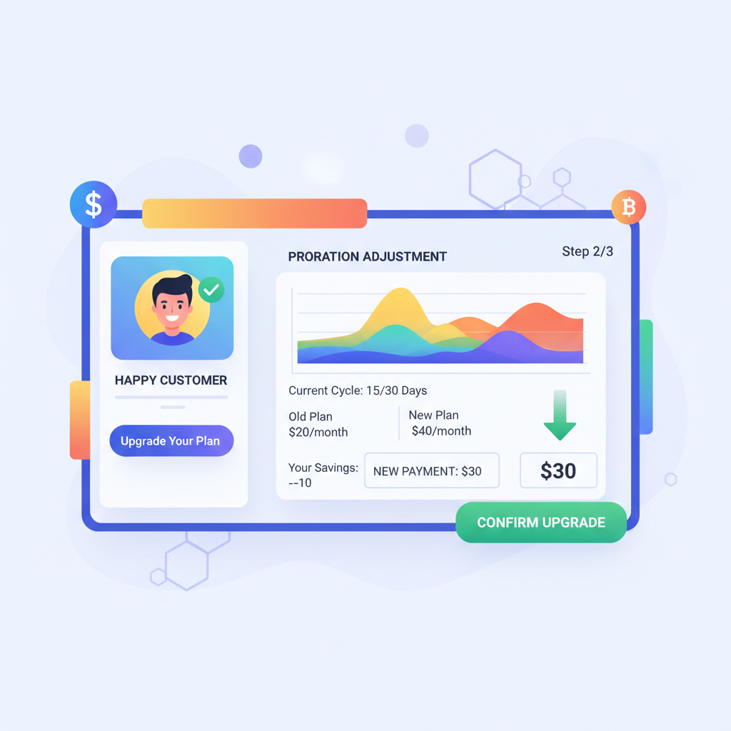 User upgrading subscription mid-cycle, proration chart adjusting payment, happy customer dashboard, colorful Web3 interface