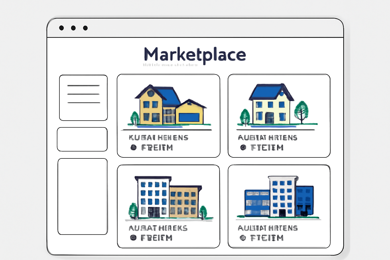 A digital marketplace interface showing various real estate listings, with property images and token details, clean and modern design