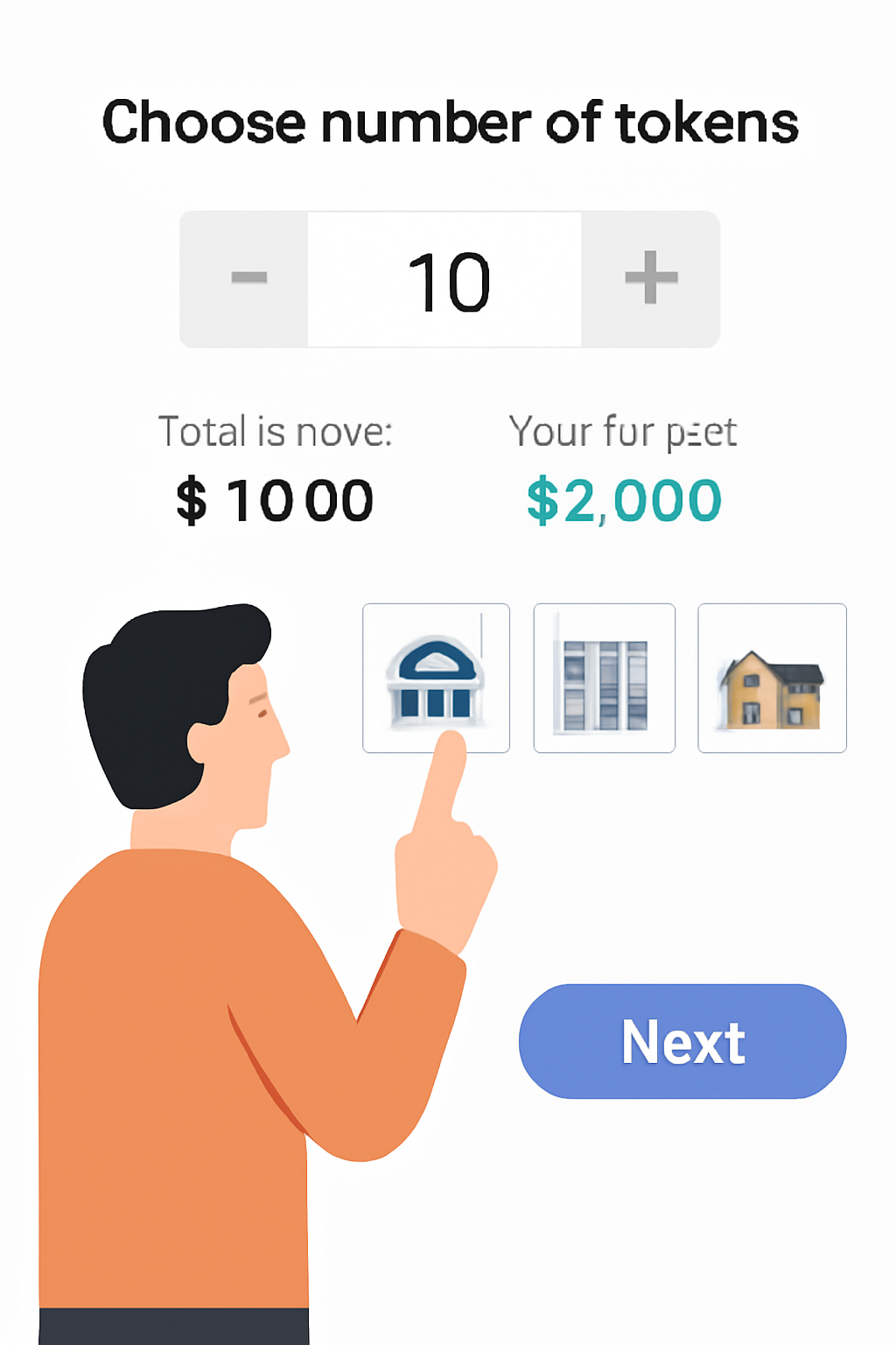 A user selecting the number of digital tokens on a platform, with budget indicators and property images, simple and intuitive interface