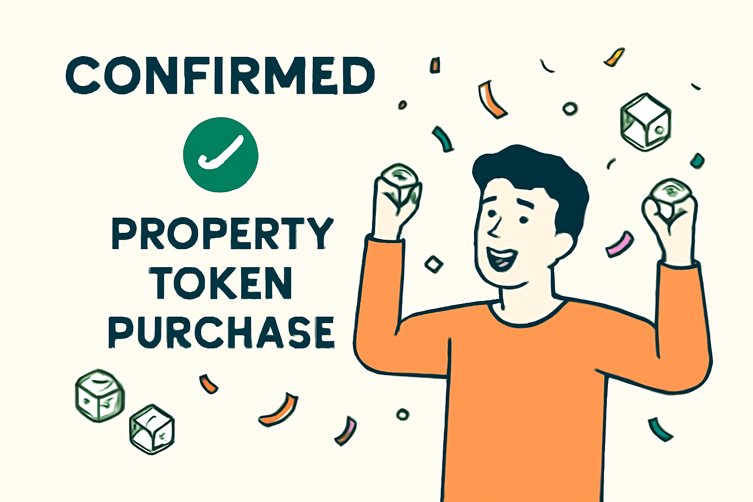 A digital confirmation screen showing successful property token purchase, user celebrating, confetti and blockchain symbols