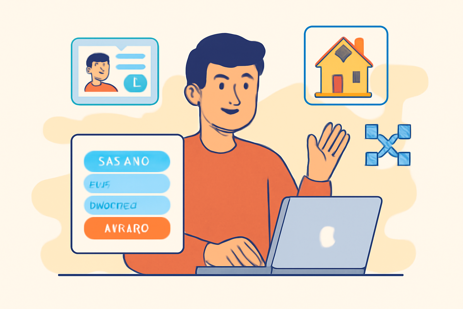 A friendly user signing up on a modern real estate blockchain platform, with digital ID verification elements, bright and welcoming colors
