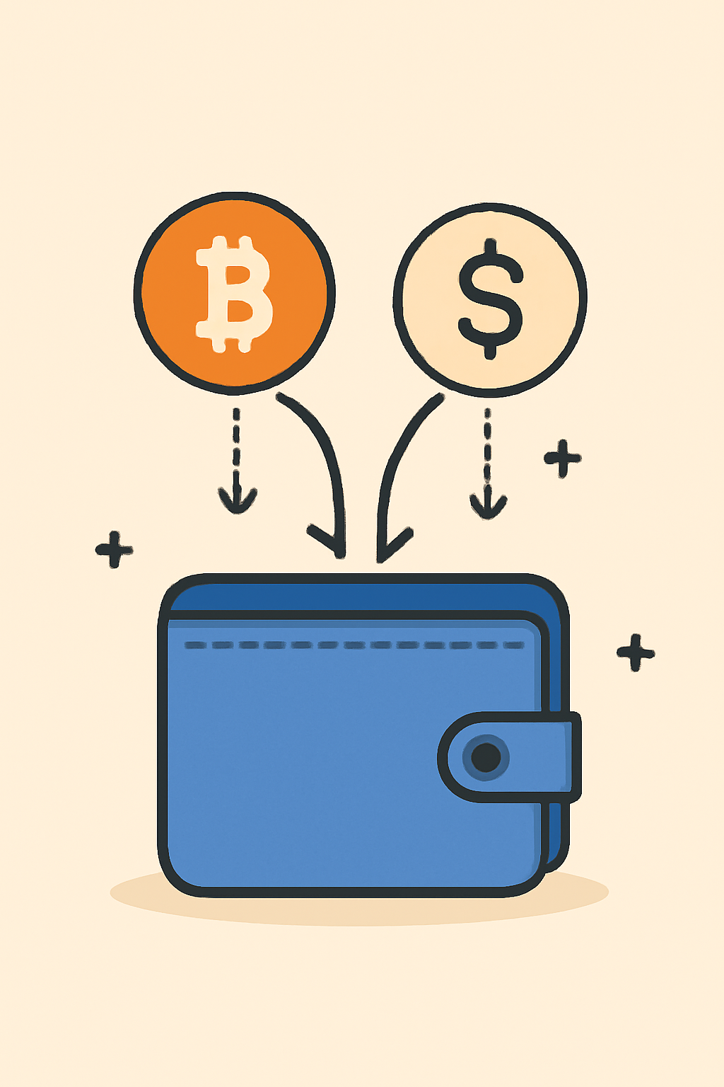 A digital wallet being funded with both crypto and fiat currency symbols, seamless transaction process, reassuring vibe