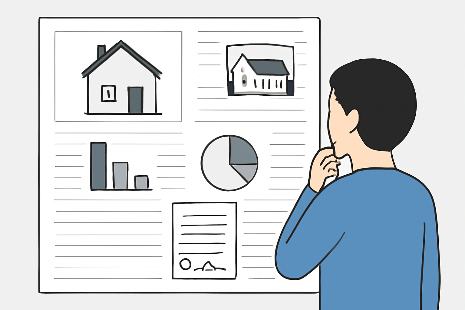A digital document viewer with property images, charts, and legal documents, user attentively reviewing details, clear and informative