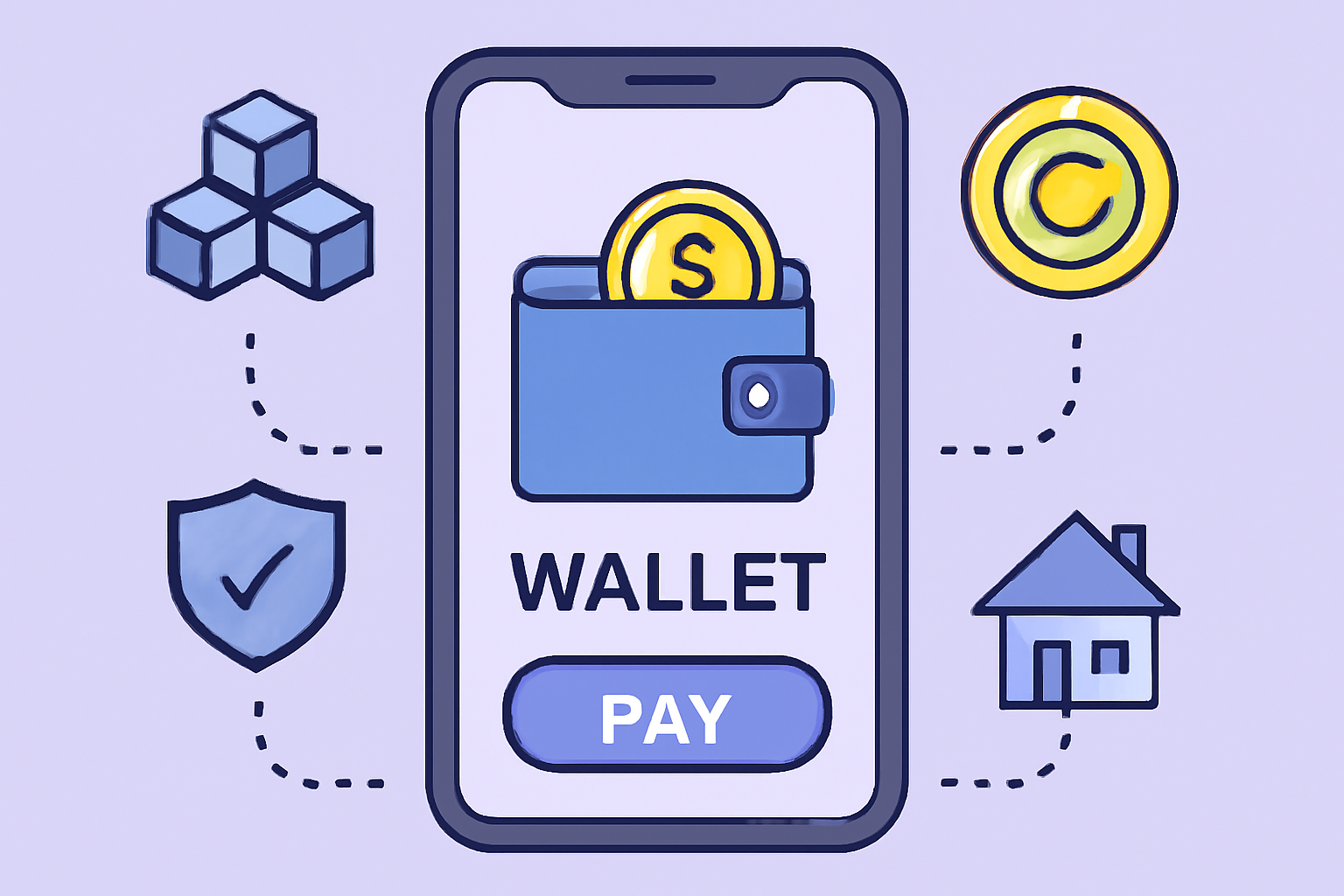 A digital wallet app on a smartphone, with blockchain icons and property tokens, secure and tech-savvy atmosphere