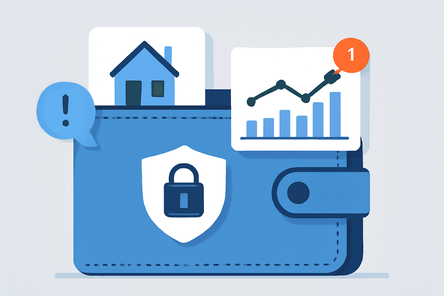 A secure digital wallet with property tokens, investment performance charts, and notification icons, modern and trustworthy feel